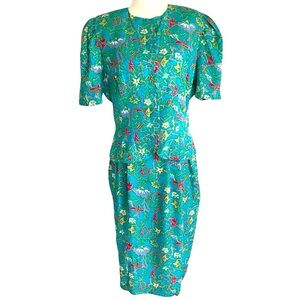 Vintage 🌸 Adrianna Papell 100% Silk‎ Skirt Suit Set Size 10 Teal Floral